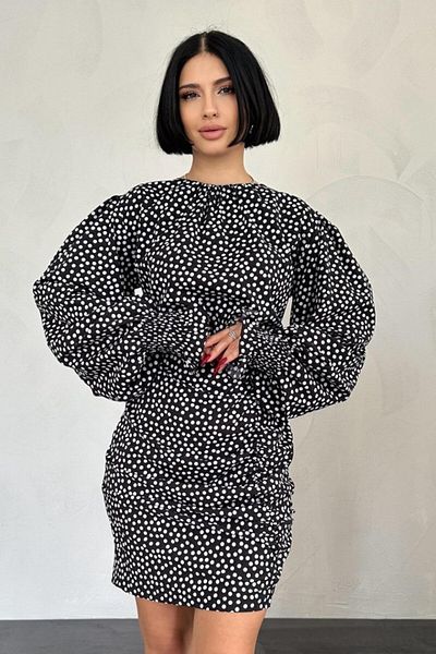 MRA Fashion Black Polka Dot Front Gathered Dress