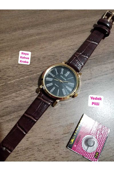 Brality Retro Oval Square Model Women's Wristwatch, Gold Case and Dark Coffee Band, Black Dial 0101.