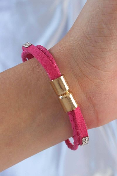 NEZADE STORE Pink Color Zircon Stone Leather Multiple Bracelet - Lisinya