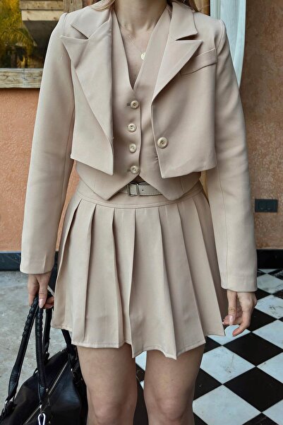 Swist Blazer bej Crop Top-Curea Pliuri-Mini Set Scurt Femei