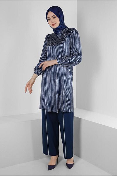 Alvina Satin Tunic - Striped, Bow Detail, Model No: 43738
