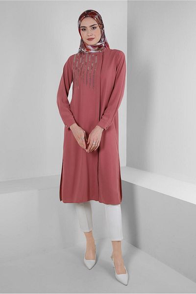 Alvina STONE EMBROIDERED LONG TUNIC WITH SIDE SLIT 43521