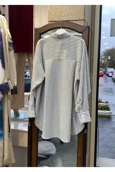 PERA MODA Cămașă supradimensionată cu dungi Luna, cu buzunar dublu, spate lung și față scurtă