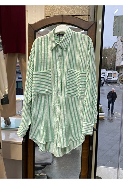 PERA MODA Double Pocket Long Back Short Front Luna Linen Striped Oversize Shirt