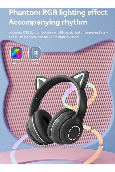 FlashHawk Bluetooth Over-Ear Headphone,RGB Cat-Ear Stereo Sound Headset,TF card/Wired/Wireless Mode-Black