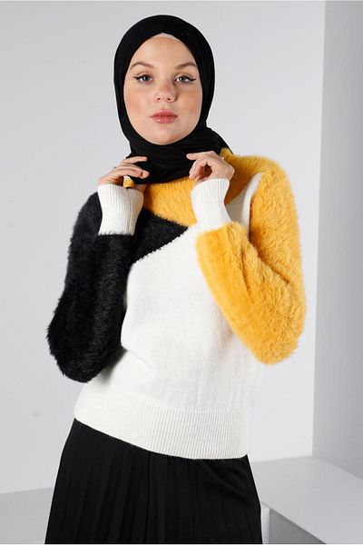 Alvina Pulover din tricotaje cu pene blocate de culoare 43242