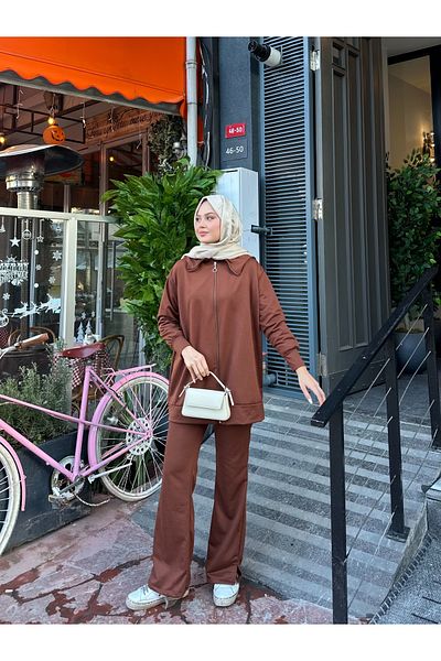 VOLT CLOTHİNG Kadın Geniş Paça Yırtmaçlı Fermuarlı Takım