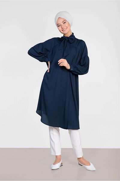 Alvina Lace-Up Tunic with Balloon Sleeves and Collar 4111