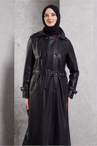 Alvina Belted Funny Leather Trench Coat 10910