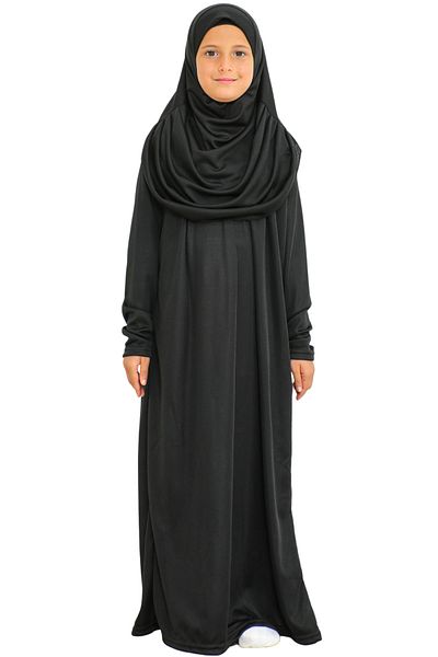 Modish Group Two Pieces Kids Prayer Dress Set Suit with Scarf, Islamic Clothing Suit for Girls - Black