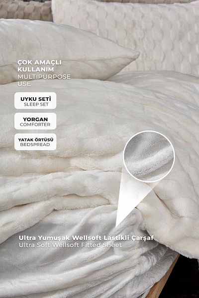 Evlen Home Collection طقم لحاف سرير من الفرو مع ملاءة سرير مفردة من القطيفة الناعمة رودي 3 قطع كريمي أوف وايت
