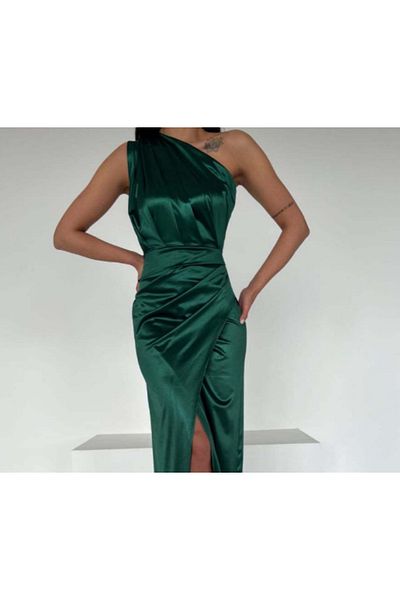 Mekafashion Emerald One Sleeve ντραπέ σατέν βραδινό φόρεμα - 582856