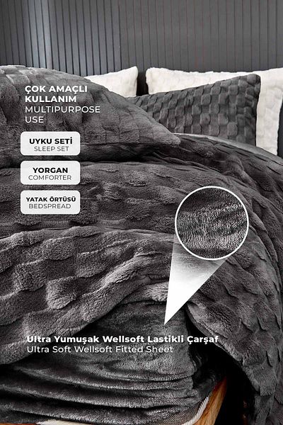 Evlen Home Collection Fur Bedspread Quilt Sleeping Set Single Bed Sheet Plush Soft Filling Rody 3 Piece Anthracite