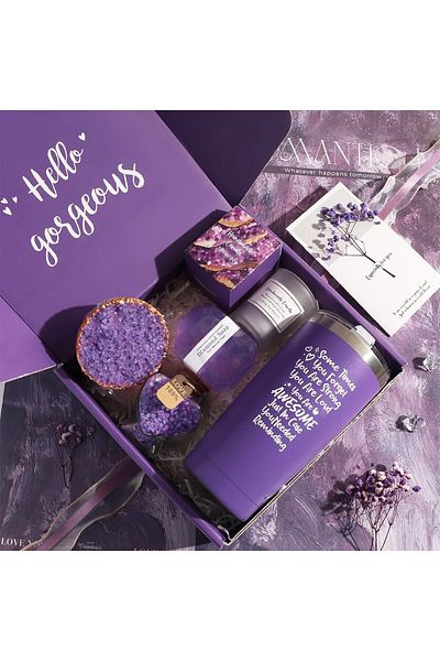COOYA 7 PCS Bath Gift Set with Gift Box, Lavender Self Care Spa Gifts, Relaxation Spa Gift Set