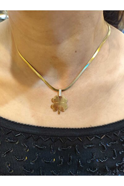 İnci İtalyan zincirli 3 yoncalı altın kaplama çelik kolye