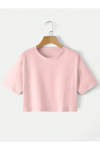 coolart Tricou Crop Basic pentru femei - Roz, supradimensionat, cu decolteu t...