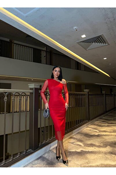 Trendusfashion One Shoulder Long Sleeve Midi Dress with Chiffon Detail - Elegant Evening Dress