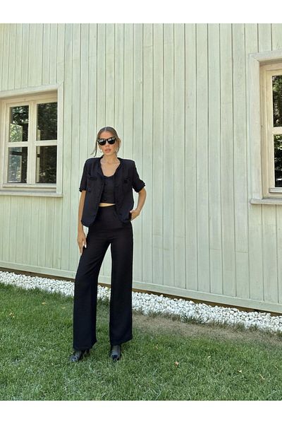 Gökyüzü Moda Black Strappy Bustier Jacket and Pants Set