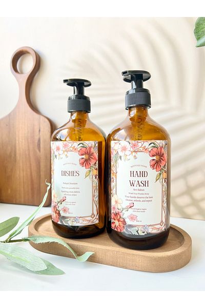 Mottogo Σετ Γυάλινο Floral Υγρό Σαπουνάκι και Σετ Απορρυπαντικού Πιάτων με Ξύλινη Βάση – 500 ml