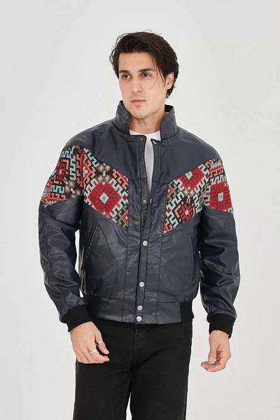 İpeksi    Men's Lined Vintage Jacket with Plush Inside Collar - Navy Blue