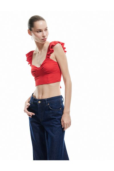 Koton Ruffle Detailed Heart Neck Sleeveless Back Lace up Crop Top Wrap