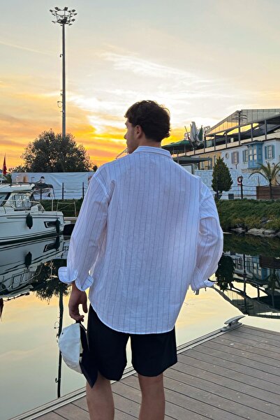 Flaw Wear Ριγέ Oversize Λευκό Μακρυμάνικο Πουκάμισο