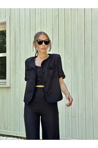 MODA ZERAFİNA Eyesof Black Strap Bustier Jacket and Pants Suit