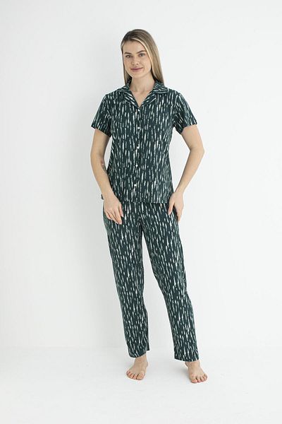 Estiva Green Green |   Women's Summer Patterned Soft Pajama Set Front Buttoned Short Sleeve