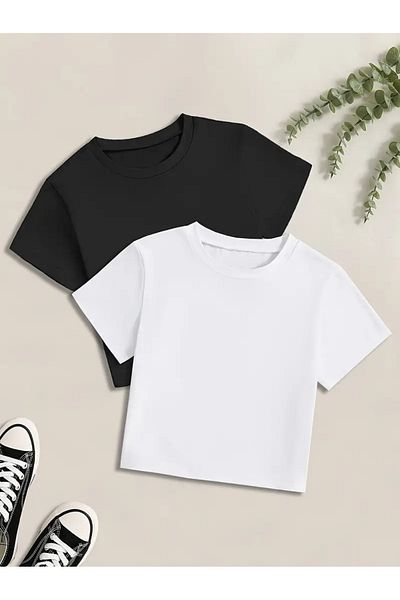 Jooy Μαύρο και άσπρο Lycra κοντομάνικο σε εφαρμογή Crop T-Shirt Σετ 2 τεμαχίων
