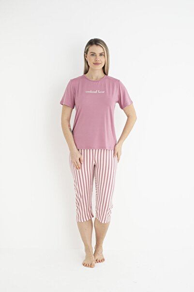 Estiva Kadın Yazlık Çizgili Kısa Kollu Kaprili Soft Pijama Takımı - Pembe