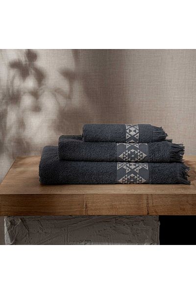 Green Black Anthracite Hereke 3-Piece Towel Set - 100% Cotton Jacquard