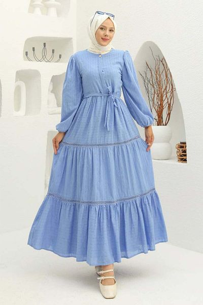benguen Rochie hijab cu model în relief albastru (1002-1)
