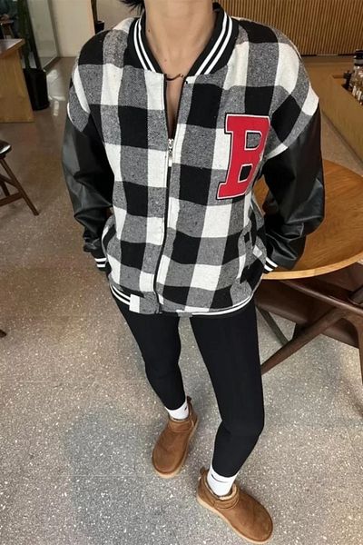İpeksi    Gingham Pattern Letter Embroidered College Jacket - Black