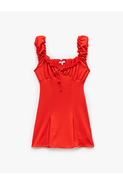 Koton Kolsuz Fırfır Detaylı Mini Büzgülü U Yaka Elbise Bürümcük