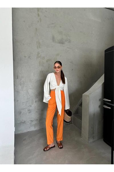 leyla sanat sanata yeni bir bakış açısı Leyla Sanat a New Perspective on Art Bel Rubber Detail Modal Fabric Pants - Orange