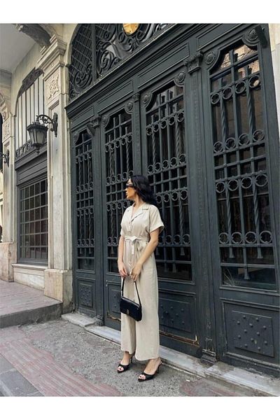 modaserdem Linen jumpsuit with waist tie detail - cream