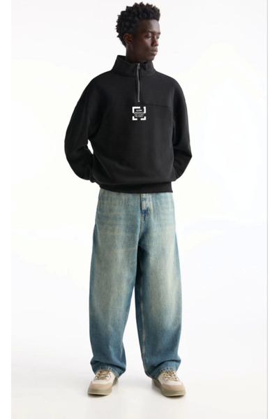 JANES Голям суитшърт с половин яка, специален дизайн и основен дизайн - черен