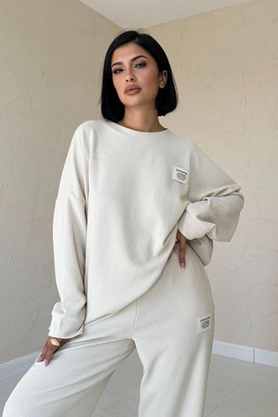 leyla sanat sanata yeni bir bakış açısı Leyla Sanat Sanata a New Perspective Beige Classic Ribbed Sweater and Pants Suit