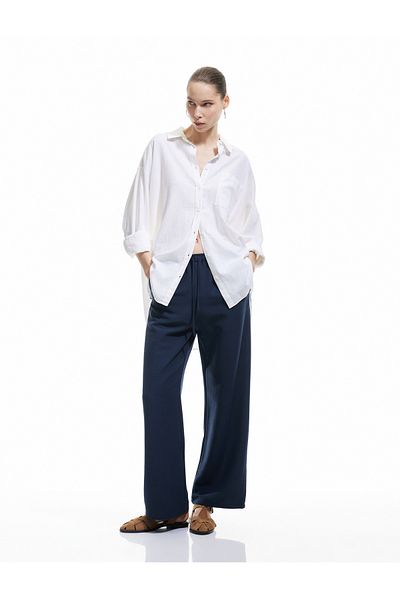 Koton High Waist Lace-Up Linen Blended Pocket Detailed Pants
