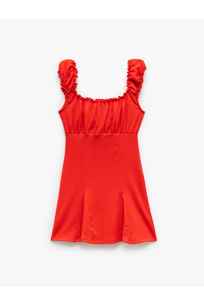 Koton Kolsuz Fırfır Detaylı Mini Büzgülü U Yaka Elbise Bürümcük