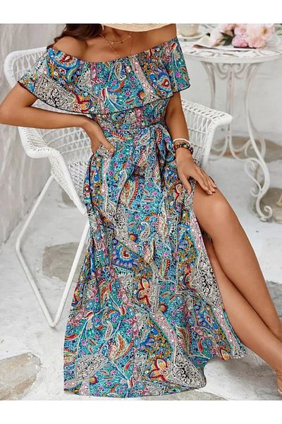 JANES Rochie maxi din jerseu cu mânecă scurtă pentru femei, cu guler Madonna, cu volane, cu fante în talie