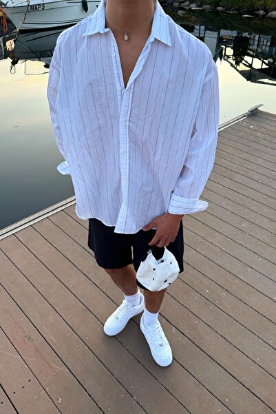 Flaw Wear Ριγέ Oversize Λευκό Μακρυμάνικο Πουκάμισο