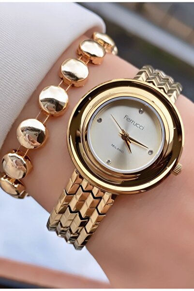 Ferrucci Marka Altın Renk Çelik Kordon Küçük Kasa Kadın Kol Saati - Bileklik Hediyeli