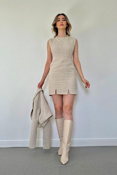 modaserdem Beige Buttoned Jacket and Dress Set