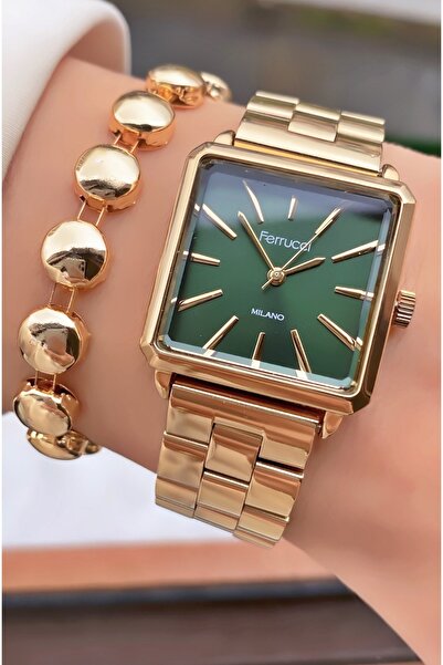 Ferrucci Marka Altın Renk Kare Çelik Kordon 2 Yıl Garantili Kadın Kol Saati - Bileklik Hediyeli
