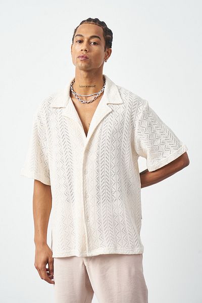 Mesfeno Knitted Patterned Oversize Cuban Collar Men's Shirt