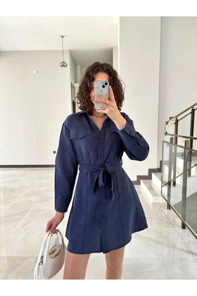 Butik Modal Kumaş Kuşaklı Gömlek Elbise