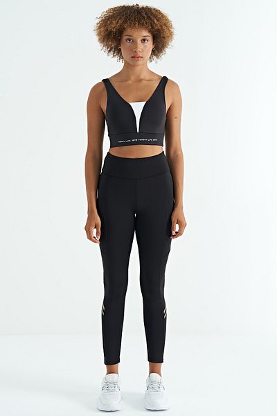 TOMMY LIFE Bustieră pentru femei din țesătură de scufundări slim fit cu imprimare text negru - alb - 97271