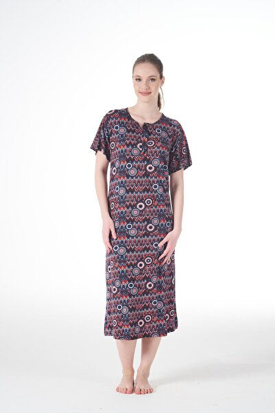Estiva Kadın Yazlık Desenli Kısa Kollu Düğmeli Lycra Viskon Günlük Elbise