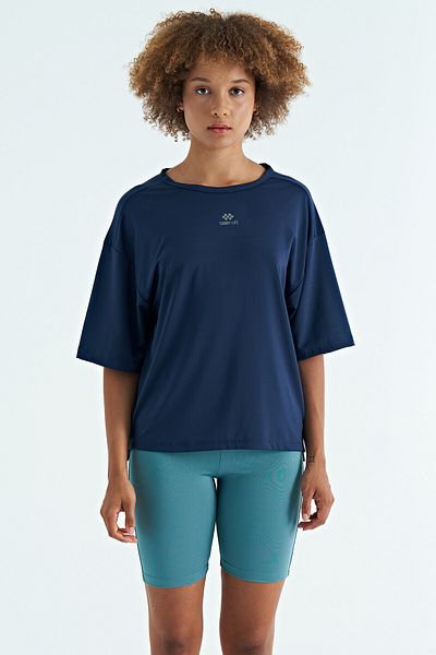 TOMMY LIFE Indigo O-Neck Print Λεπτομερές oversize κοντομάνικο γυναικείο μπλουζάκι - 97263